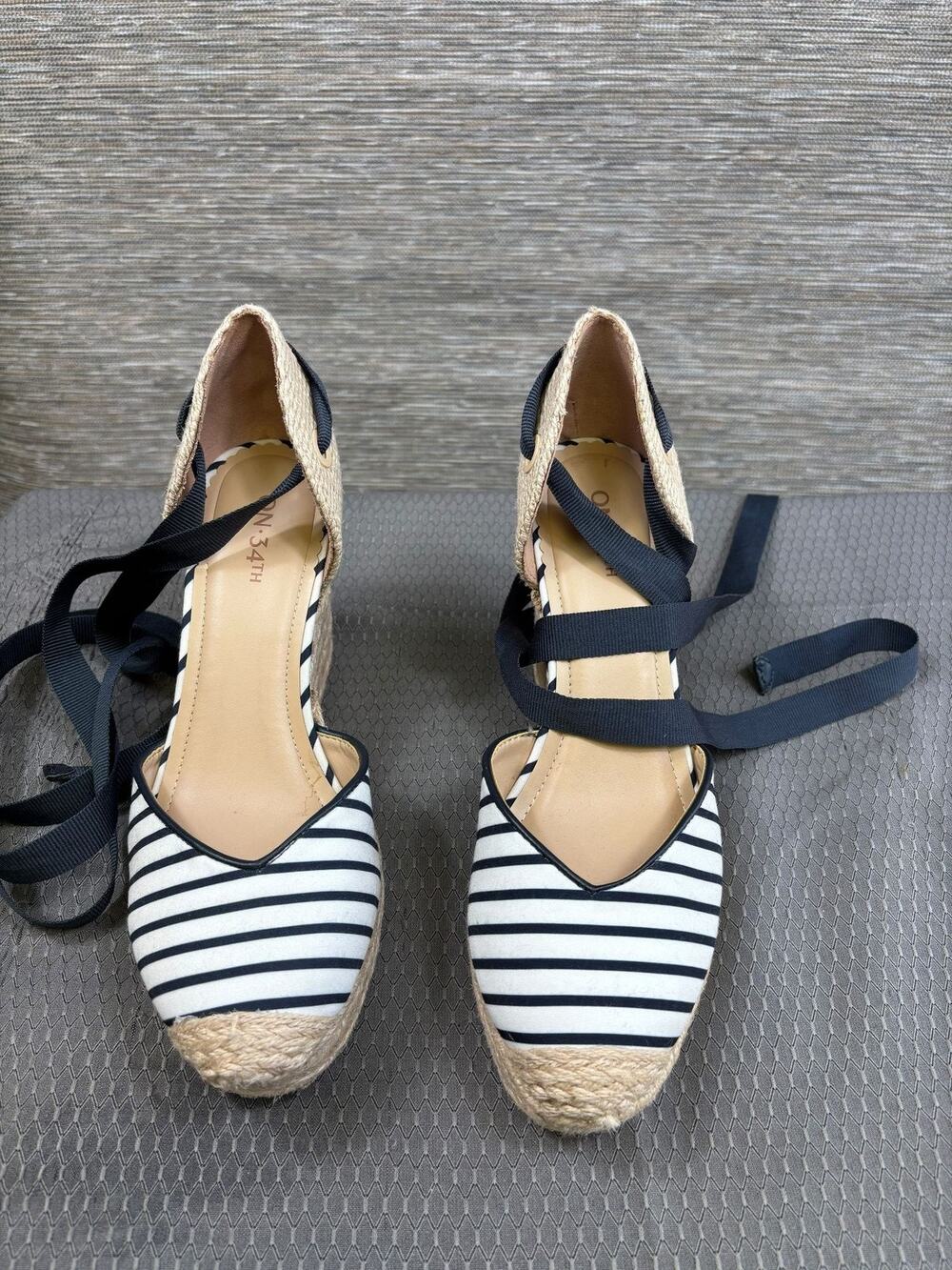 On 34th Espadrille Sandals Womens Size 9M Blue Striped Wedge Ankle Strap Tie